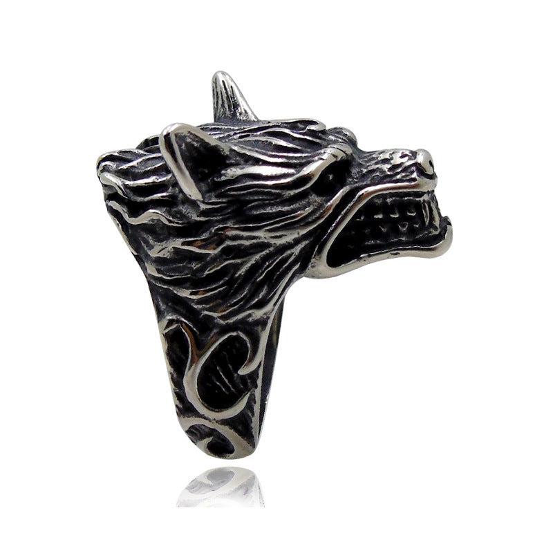Mens Vintage Wolf Head Ring Giant Animal Style Alloy Silver Finish Statement Ring Antique Silver Toned For Men