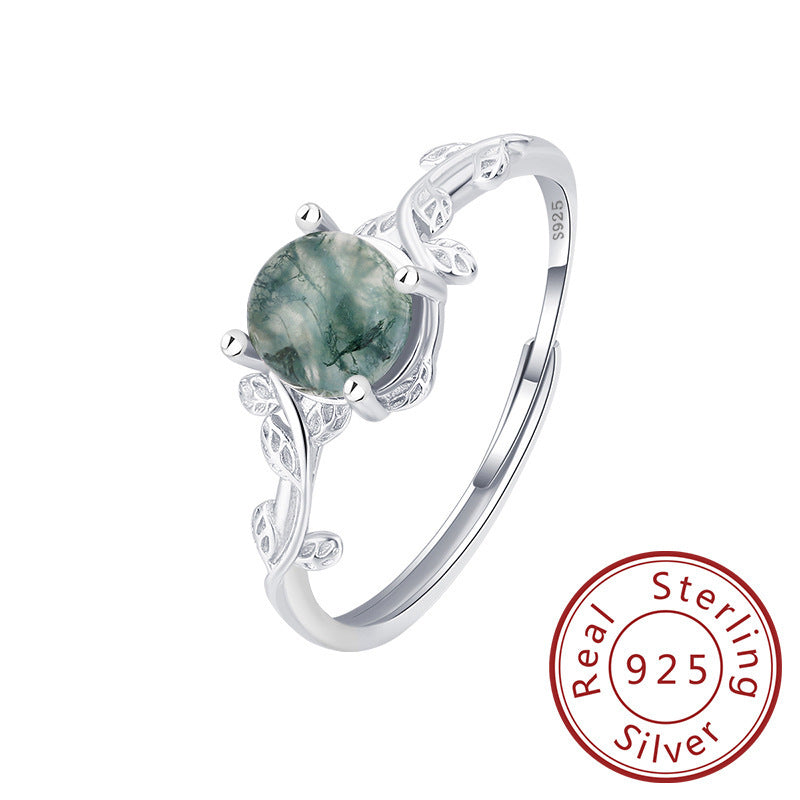 Womens Adjustable Ring S925 Silver Green Moss Agate Stone Geometric Diamond Cut Design Ring Gift for Her Adjustable