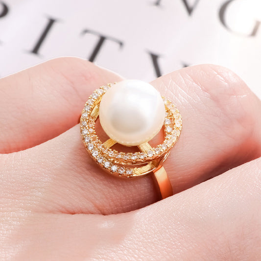 Women Gold Pearl Ring Fashionable Open Mouth Design Copper Adjustable Jewelry For Everyday Style For Her Style