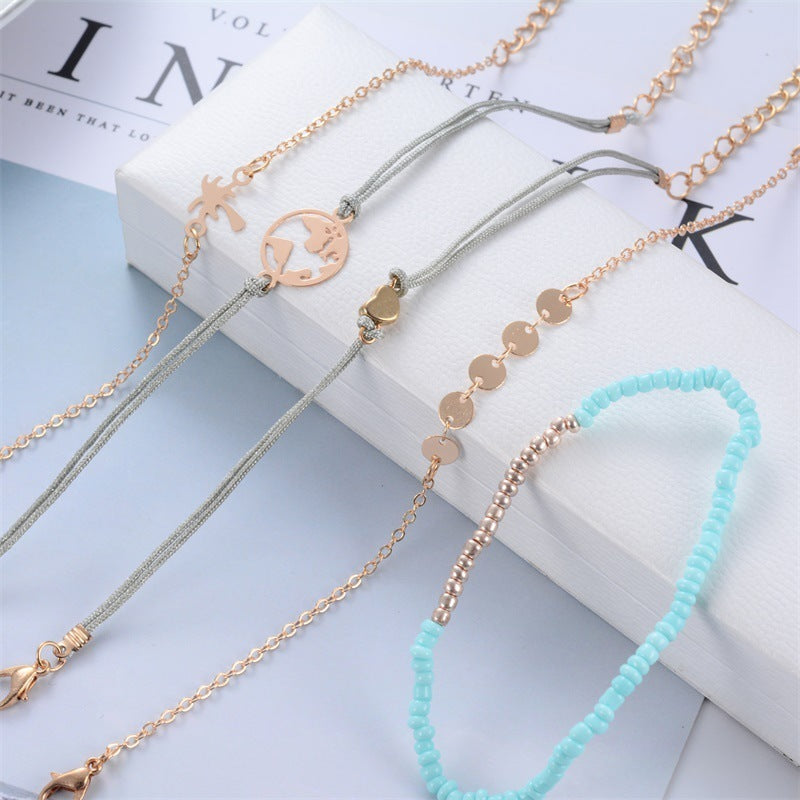 Womens Beaded Geometric Alloy Bracelet Set Five Piece With Electroplated Gold Finish And Coconut Tree Charm Pendant