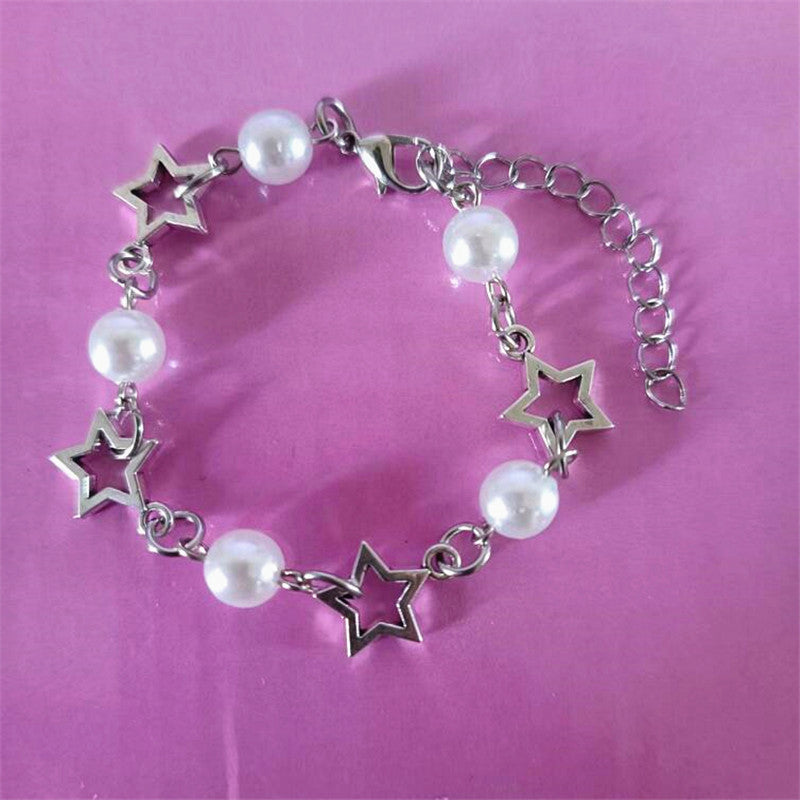 Womens Five Pointed Star Pearl Bracelet With Alloy Pendant And Acrylic Pearl Chain Natural Flower Design Style