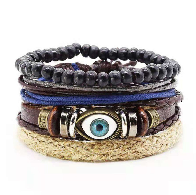 Mens Leather Braided Bracelet European Design Alloy Inlaid Gemstones Retro Geometric Accessory Woven Wristband