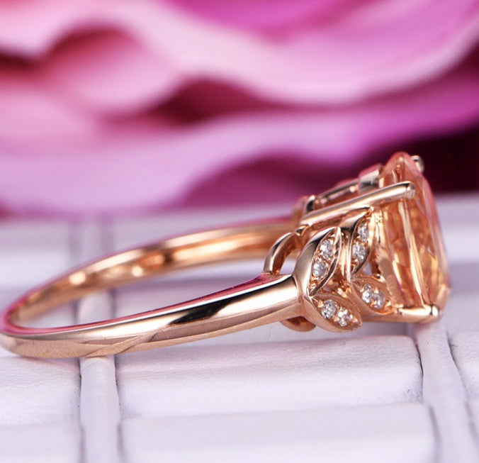 Womens Plant Leaf Ring Rose Gold Plated Oval Champagne Zircon Jewelry Fashion Durable Elegant Gift For Her Gift For Her