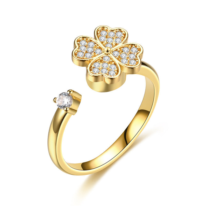 Rotating Clover Ring for Women Four Leaf Gold Silver Tone