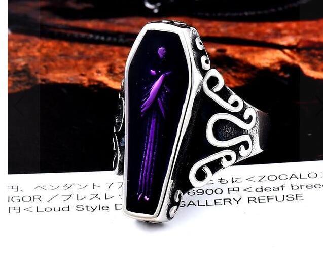 Mens Gothic Punk Vampire Coffin Ring Unique Design Titanium Steel Epoxy Jewelry With Cubic Zirconia Gift Today