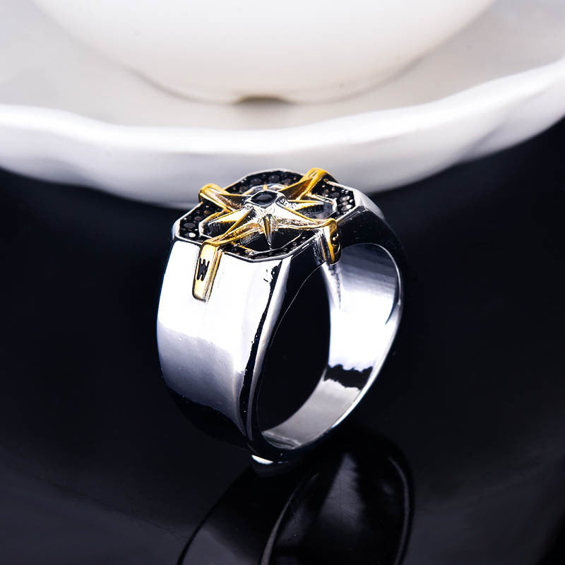 Mens Two Tone Copper Ring Vintage Geometric Compass Seal Design Ring Electroplated Finish Fashion Modern Style