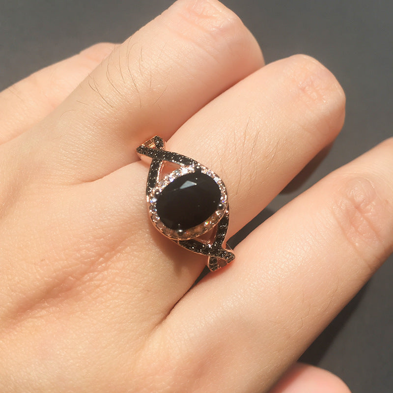 Copper Ring Geometric Mosaic Gold Plated Inlaid Black Gems Size 6 7 8 9 10 One Piece Crafted For Everyday Wear