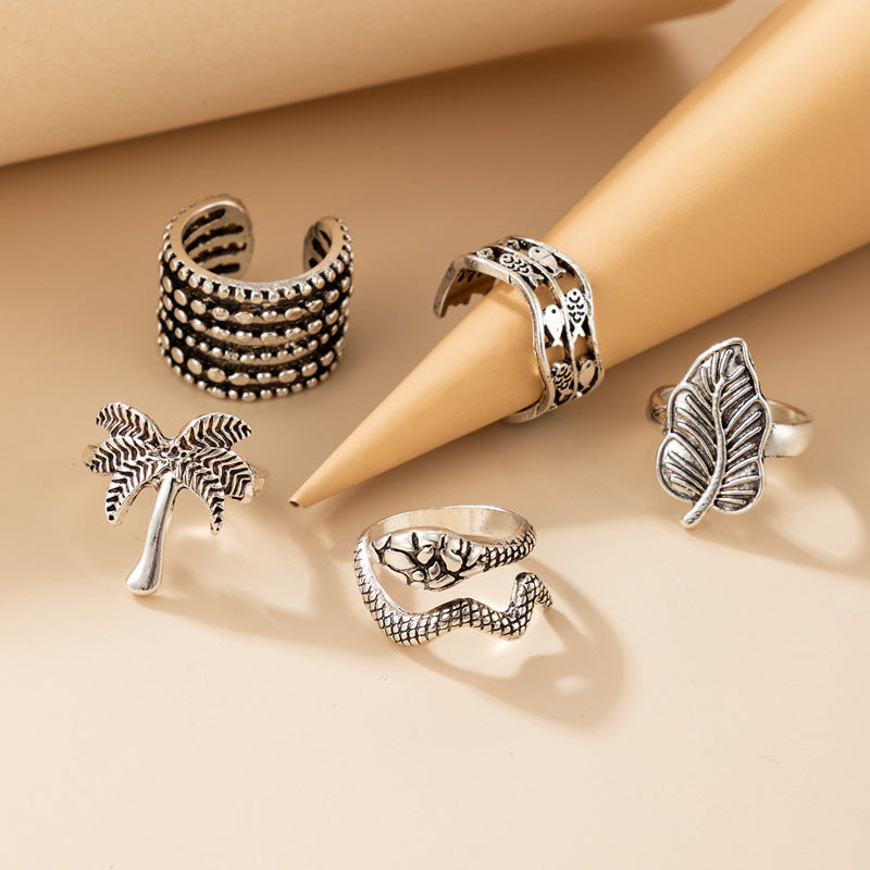 Gold Plated Adjustable Ring Set Retro Opening Design Featuring Fish Snake Coconut Tree And Leaf Shapes Jewelry