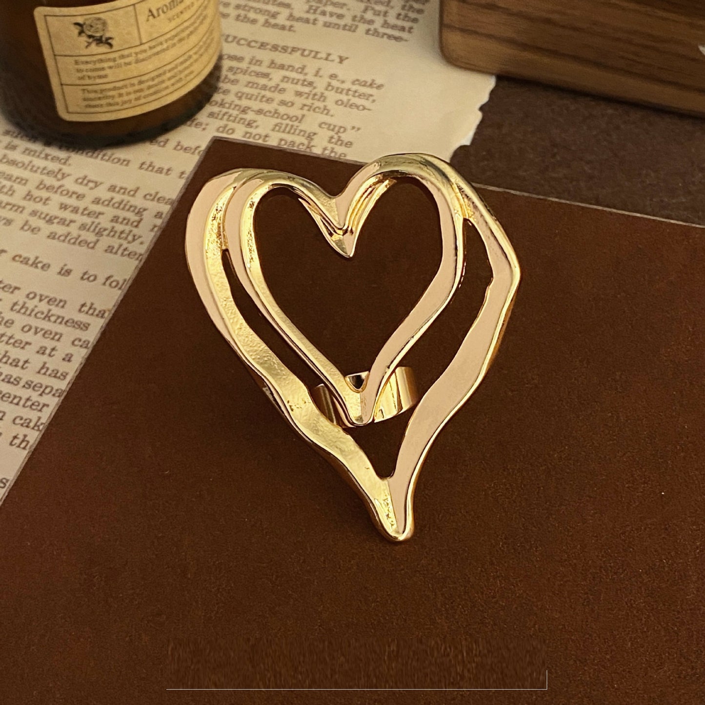 Double Layer Peach Heart Ring For Women Geometric Alloy Micro Inlay Trendy Round Design For Everyday Wear Gold Tone