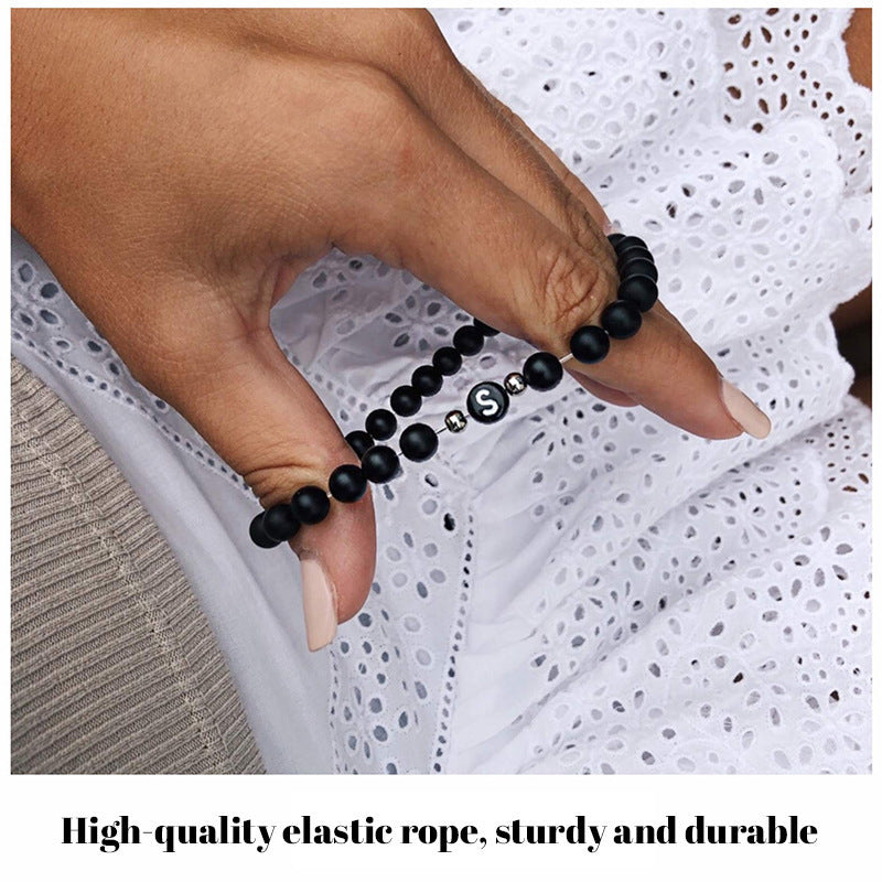 Initial Letter Bracelet for Women and Girls Silver Beaded Jewelry with Frosted Agate Beads Couple Style Fashion