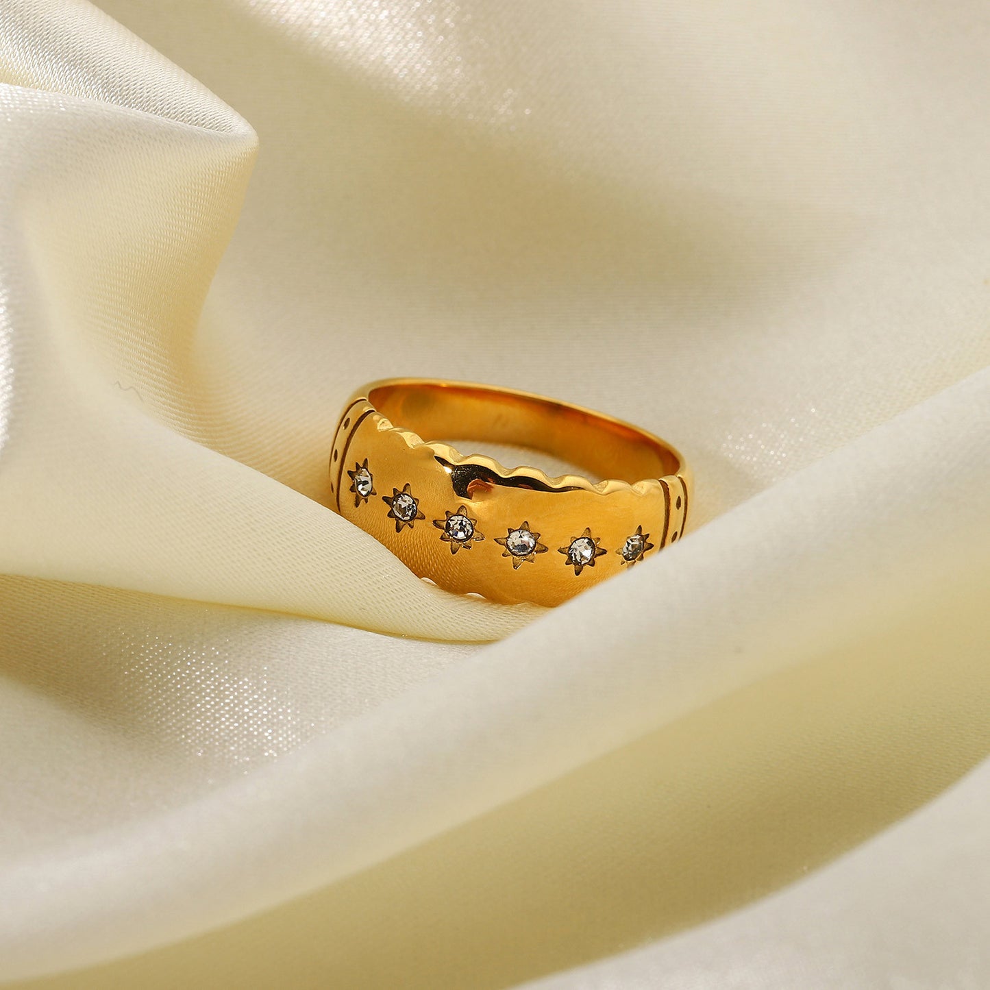 Gold Plated Stainless Steel Eight Pointed Star Ring with Diamond Accent for Women Jewelry Timeless Everyday Luxury