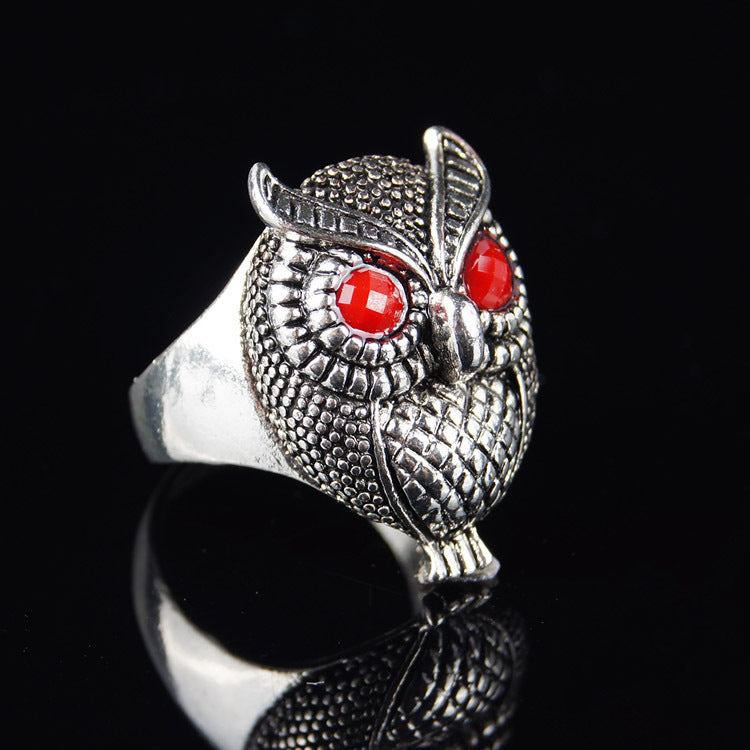 Alloy Owl Ring Unisex Simple Fashion Statement Piece With Owl Design Black Red Sapphire Jewelry For Daily Wear