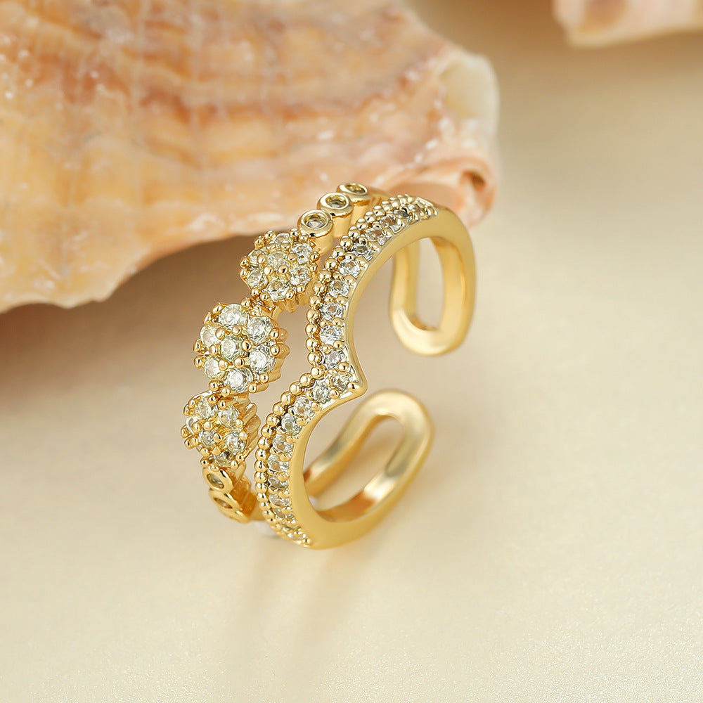 Womens Double Layer V Shaped Zircon Ring Copper Band Inlaid Elegant Jewelry For Engagement Wedding Anniversary Gift