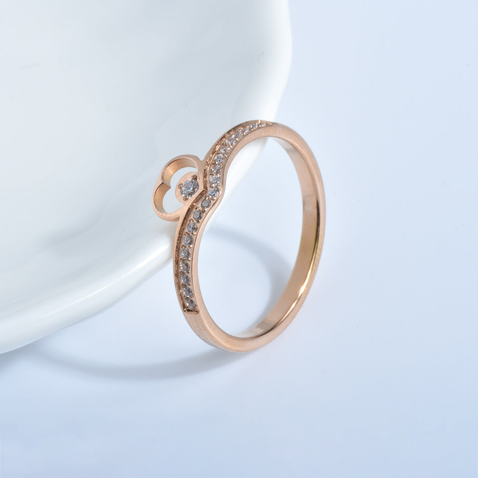 Simple Titanium Rose Gold Openwork Heart Set Diamond Ring