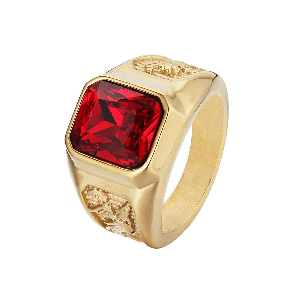 Dragon and Phoenix Ring Gemstone Retro Stainless Steel Ring Golden Champagne Red Stone Green Stone Blue Stones