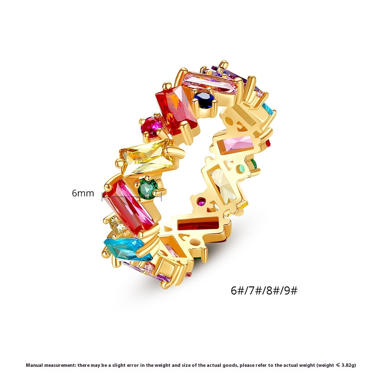 Rainbow Zircon Geometric Ring for Women Copper Base with Colorful Stones and 18K Plating Shiny Finish Ring Size 6 7 8 9
