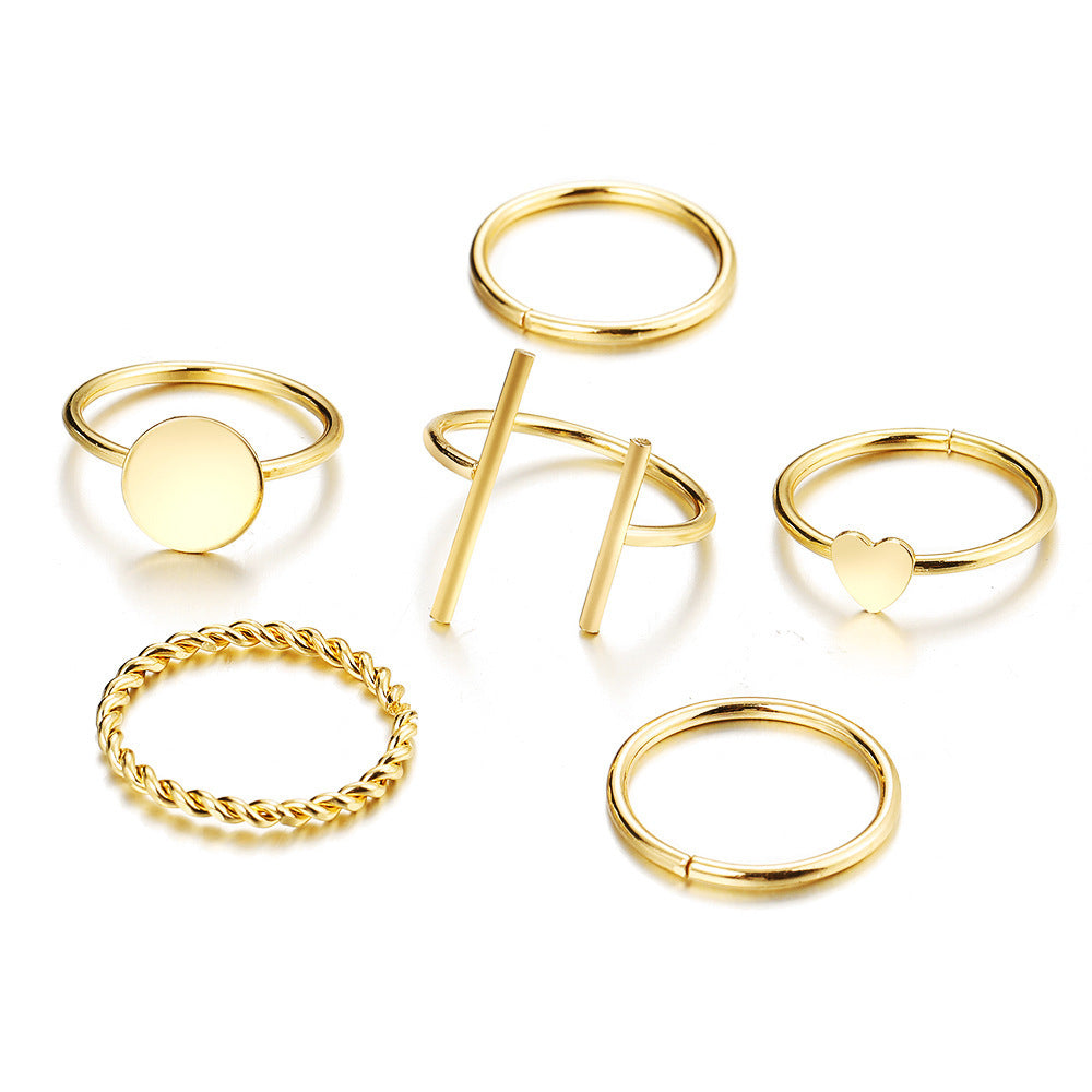 Golden Alloy Ring Set With Love Bear Rhinestones Retro Simple European American Electroplated Jewelry 6 Pieces