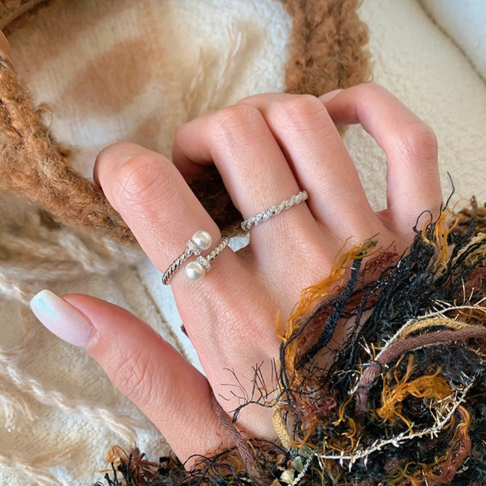 Women's Open Mouth Ring With Double Pearl Copper Ring Electroplating Finish Adjustable Band Jewelry Style Icon