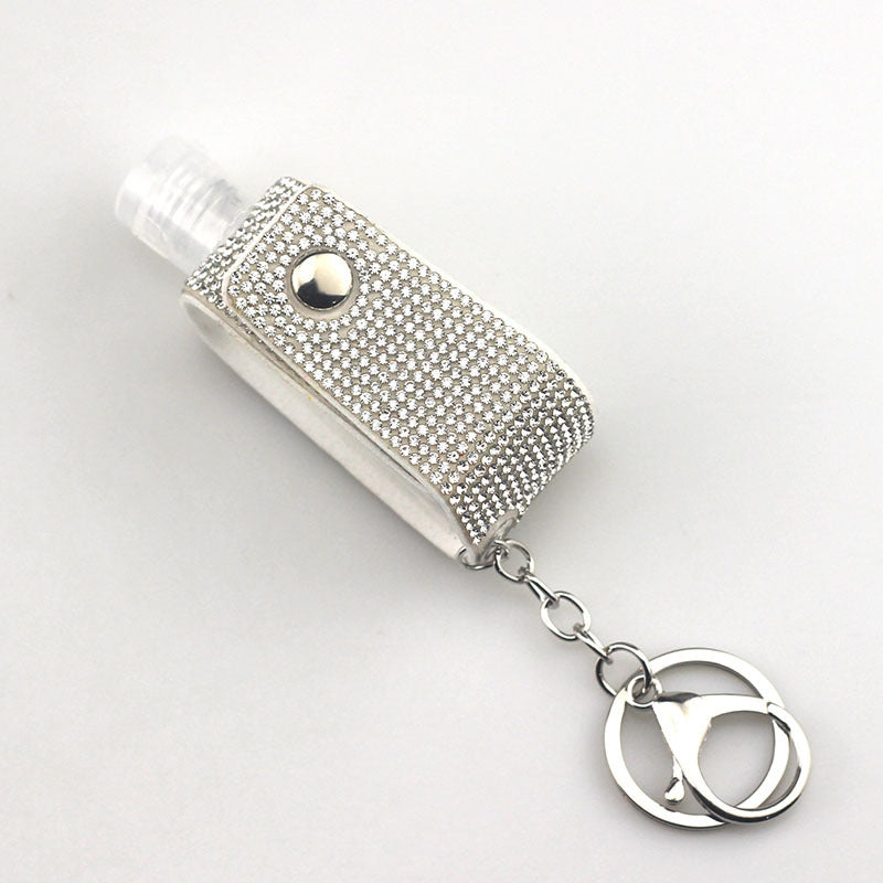 Faux Leather Keychain Diamond Pattern Key Ring with Hot Drilled Design in White AB Lake Blue for Keys Everyday