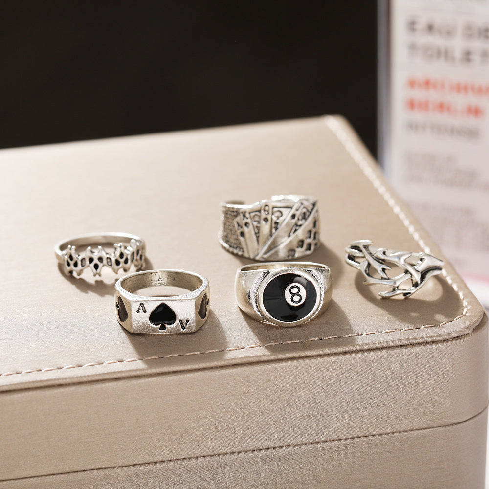 Womens Vintage Inspired Ring Set With Spade Card And Poker Designs Alloy Knuckle Rings Electroplated Jewelry Collection