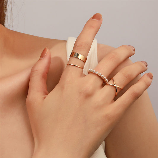 Womens Pearl Ring Set Four Pieces Elegant Geometric Alloy Rings Electroplated Finish European American Fashion