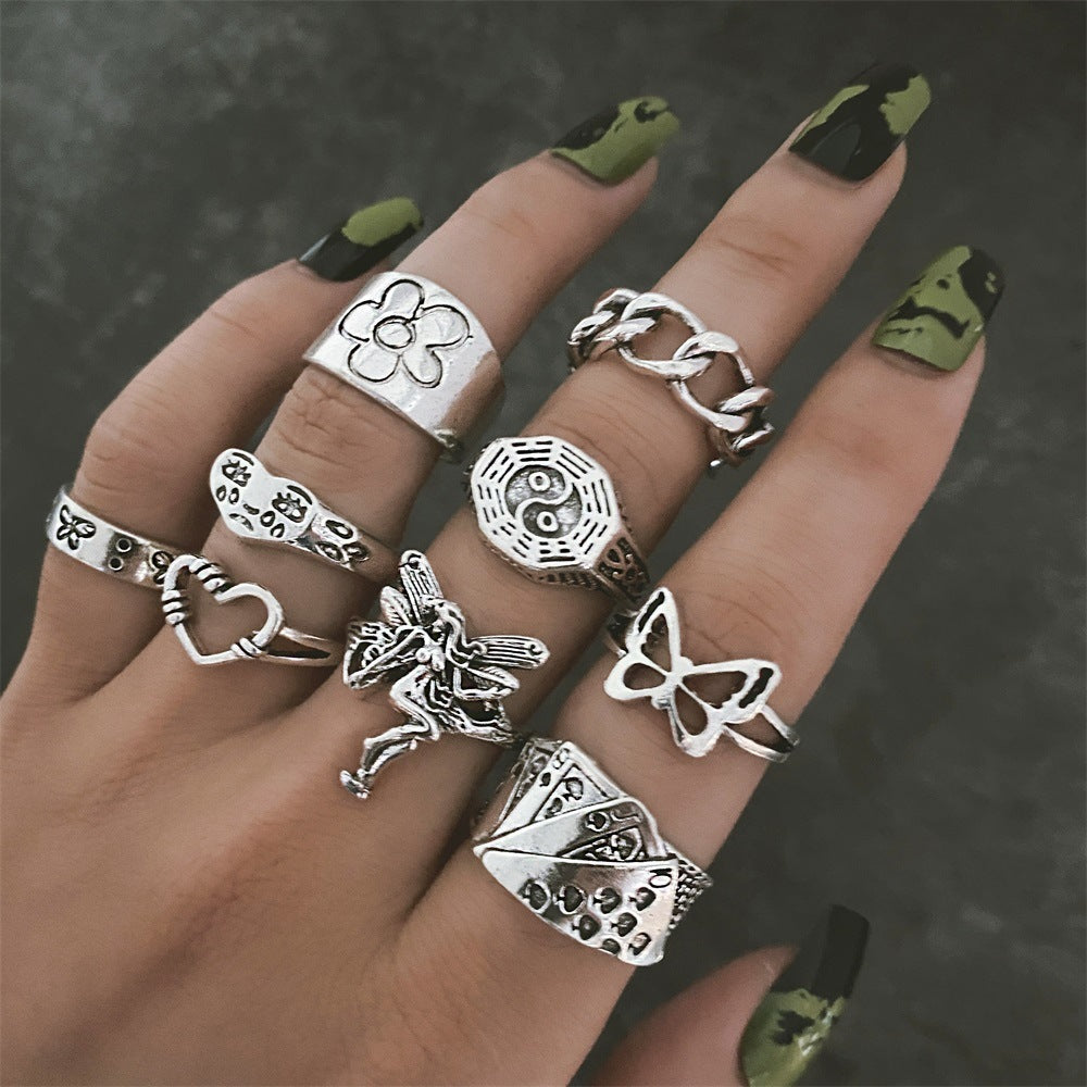 Womens Fashion Rings Set With Animal Metal Pattern Geometry And 3D Decor Elements Retro Ring Set Snake Butterfly Heart