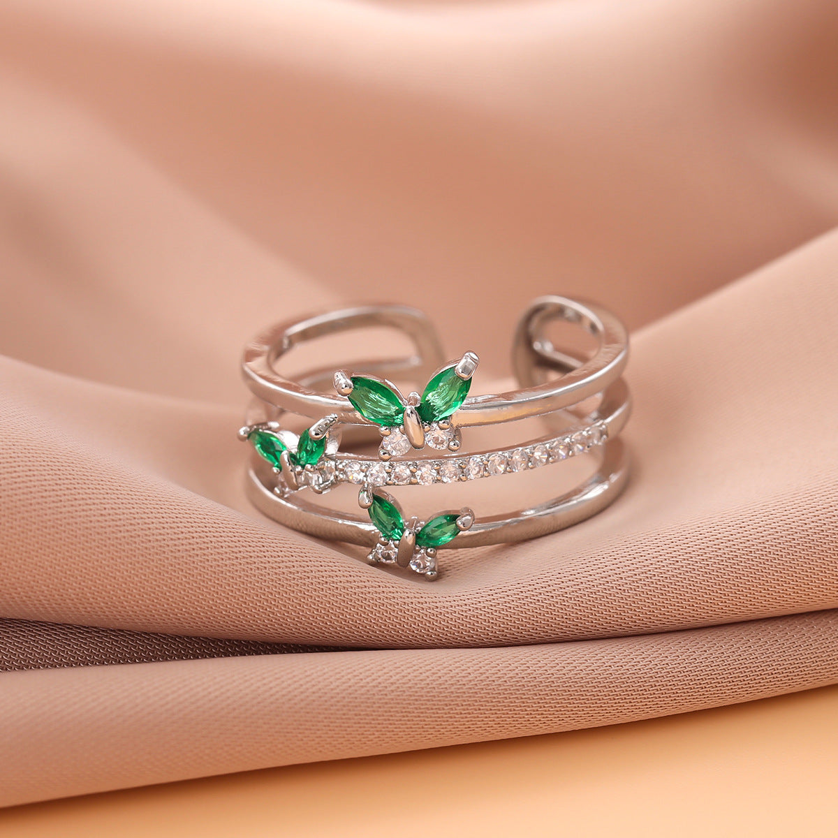 Green Wings Diamond Butterfly Ring For Women Adjustable