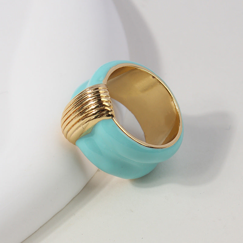 Womens French Retro Black Ring With Gold Enamel Drip Glazed Geometric Copper Ring Simple For Her Drip Oil Blue