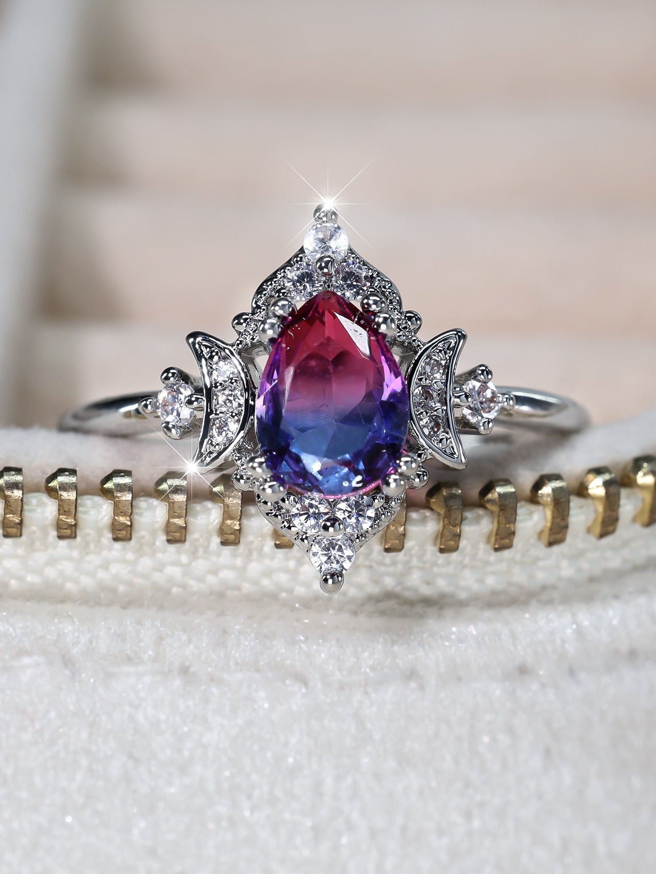 Copper Crown Ring Women Water Drop Tourmaline Style Fashionable Personality Statement Jewelry Silver Rose Blue