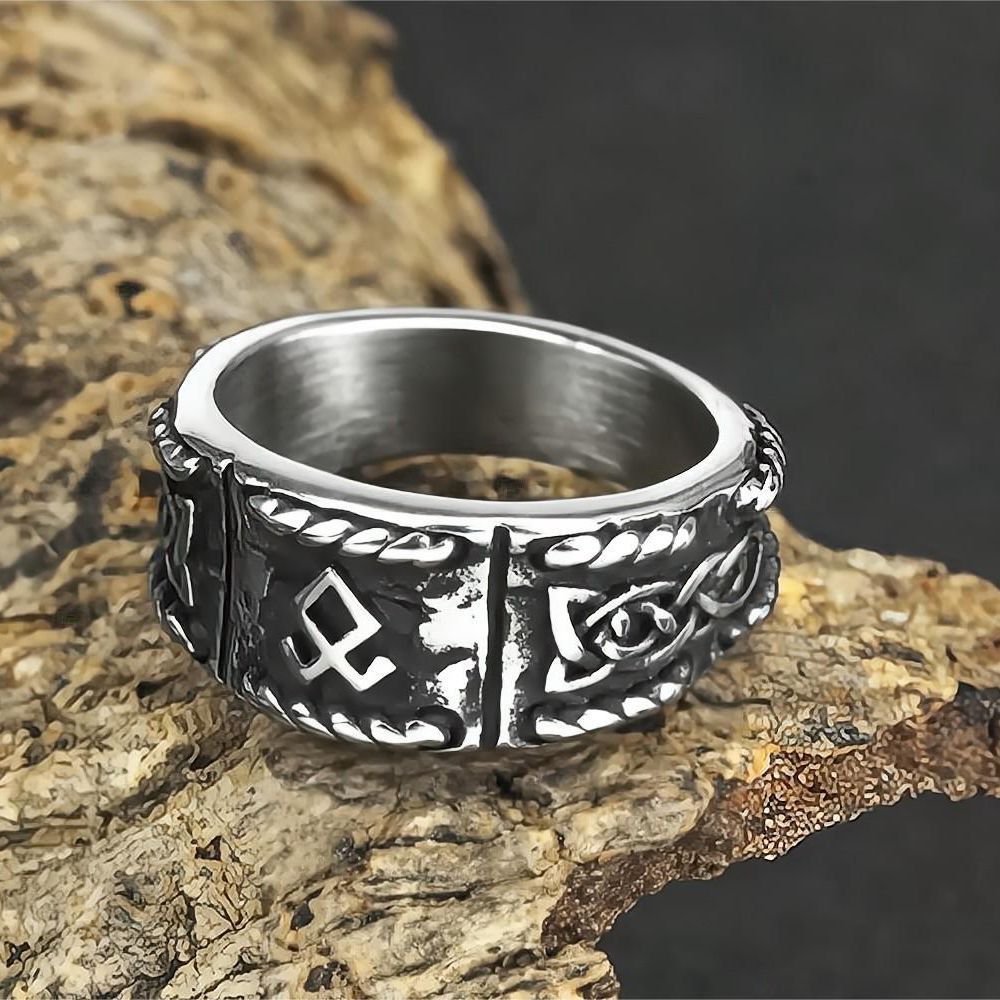 Mens Titanium Steel Viking Text Ring Retro Geometric Design Polished Band Durable Jewelry For Men Everyday Wear