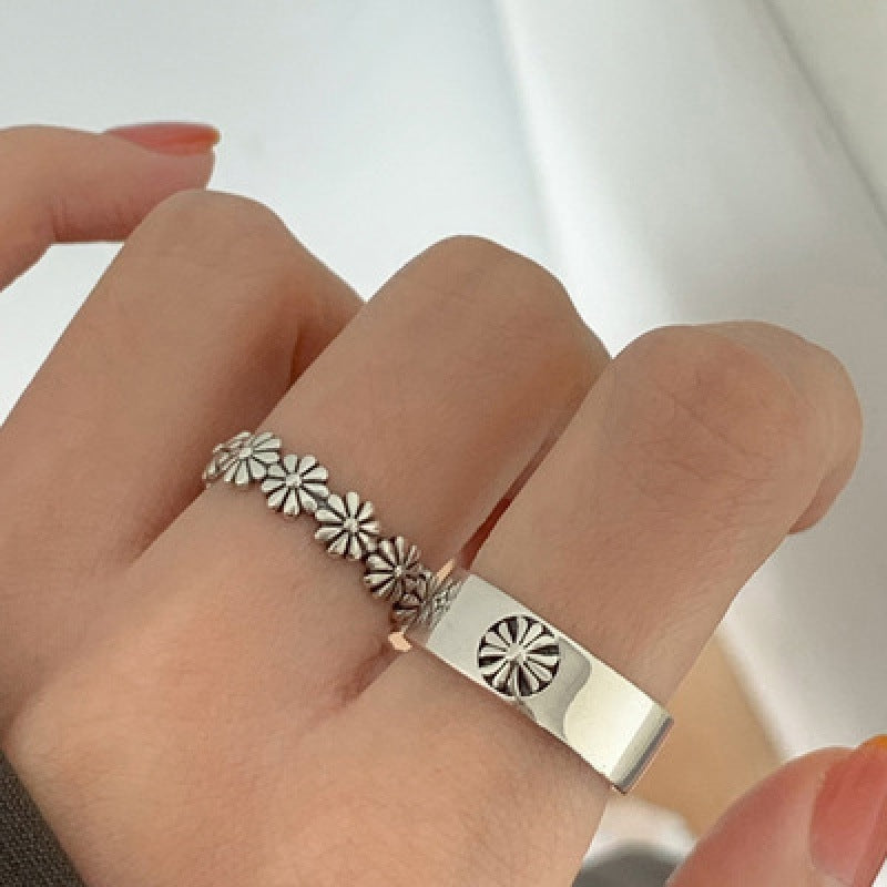 Womens Adjustable Ring Vintage Daisy Floral Thai Silver Geometric Ring For Women Girls Fashion Jewelry Opening