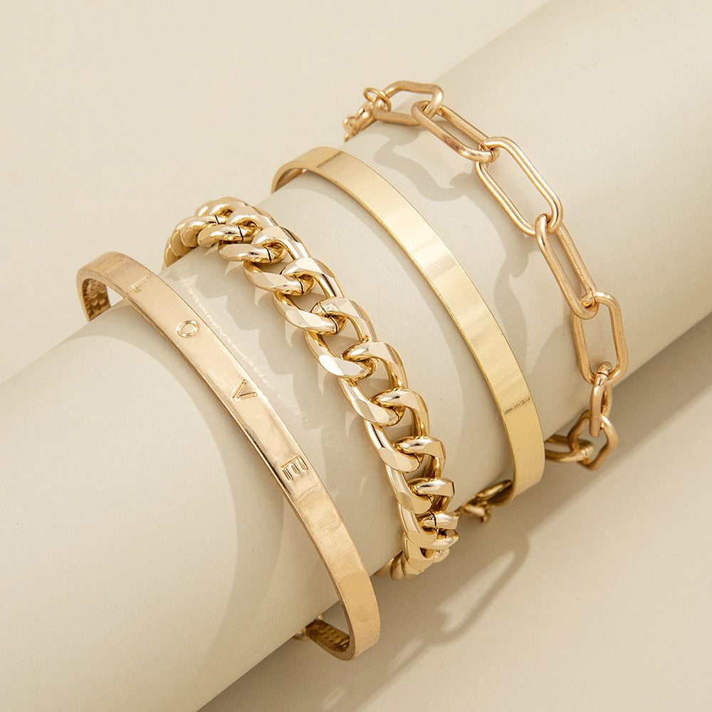 Womens Four Piece Alloy Bracelet Set With Geometric Charms And Love Letter Design In Golden And Silver Plating