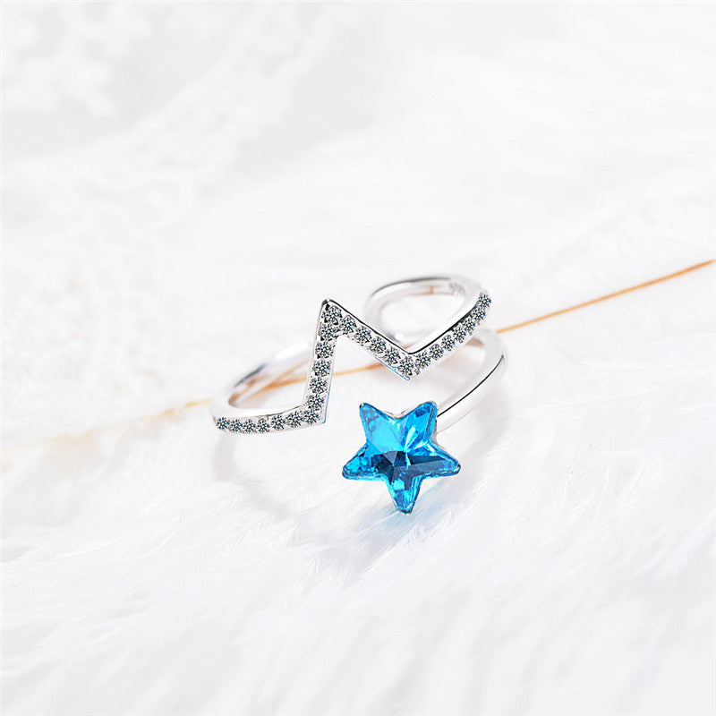 Blue Crystal Star Ring Copper Band All Match Korean Inspired Japanese Style Trendy Elegant Jewelry Accessory