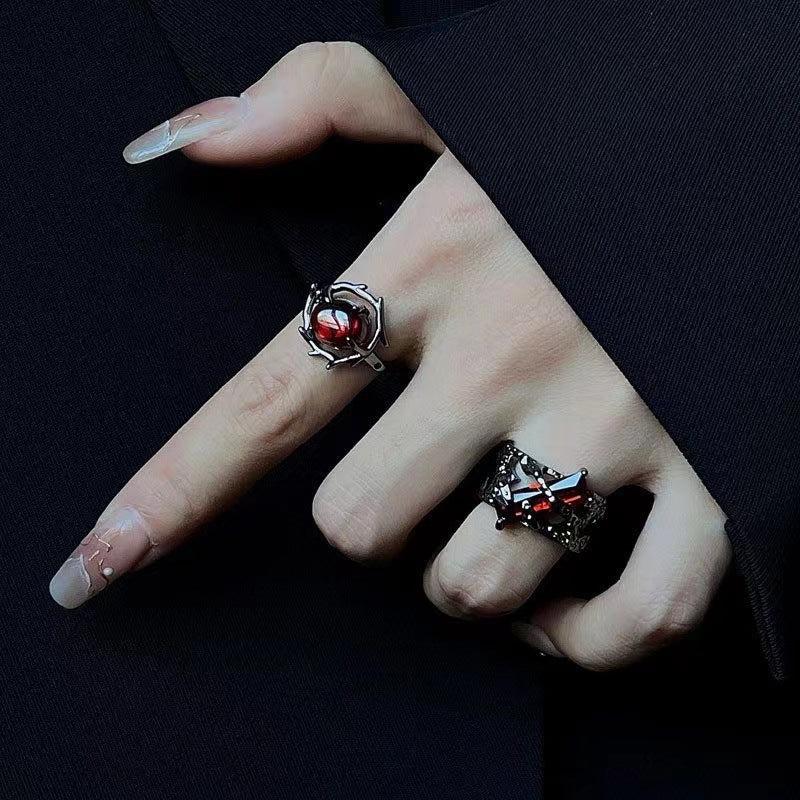 Womens Alloy Ring With Hollow Design Electroplated Finish Retro Pomegranate Red Ring Sweet Cool Fashion Jewelry