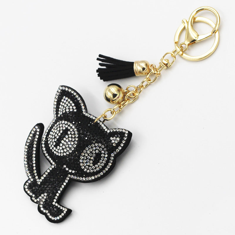 Cute Cat Keychain Bag Charm With Diamond Detailing Two Tone Flannel Material Rose Red Cat Pendant For Handbags