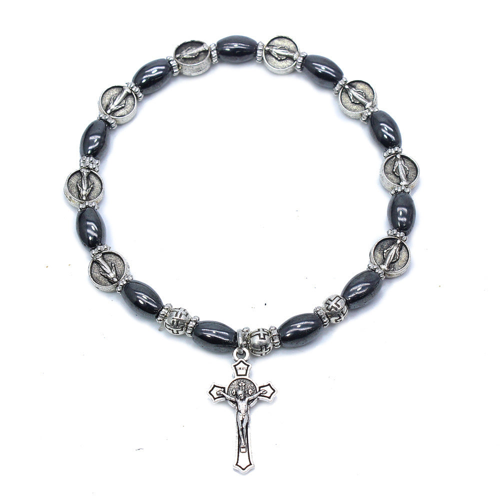 Unisex Obsidian Beaded Bracelet Religious Totem Jewelry Saint Benedict Holy Grail Virgin Holy Father Cross Charm 6mm
