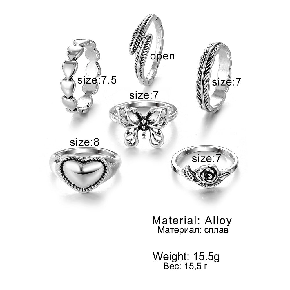 Unisex Retro Alloy Carved Geometry Rings With Feather And Butterfly Design Love Elements Vintage Knuckle Rings