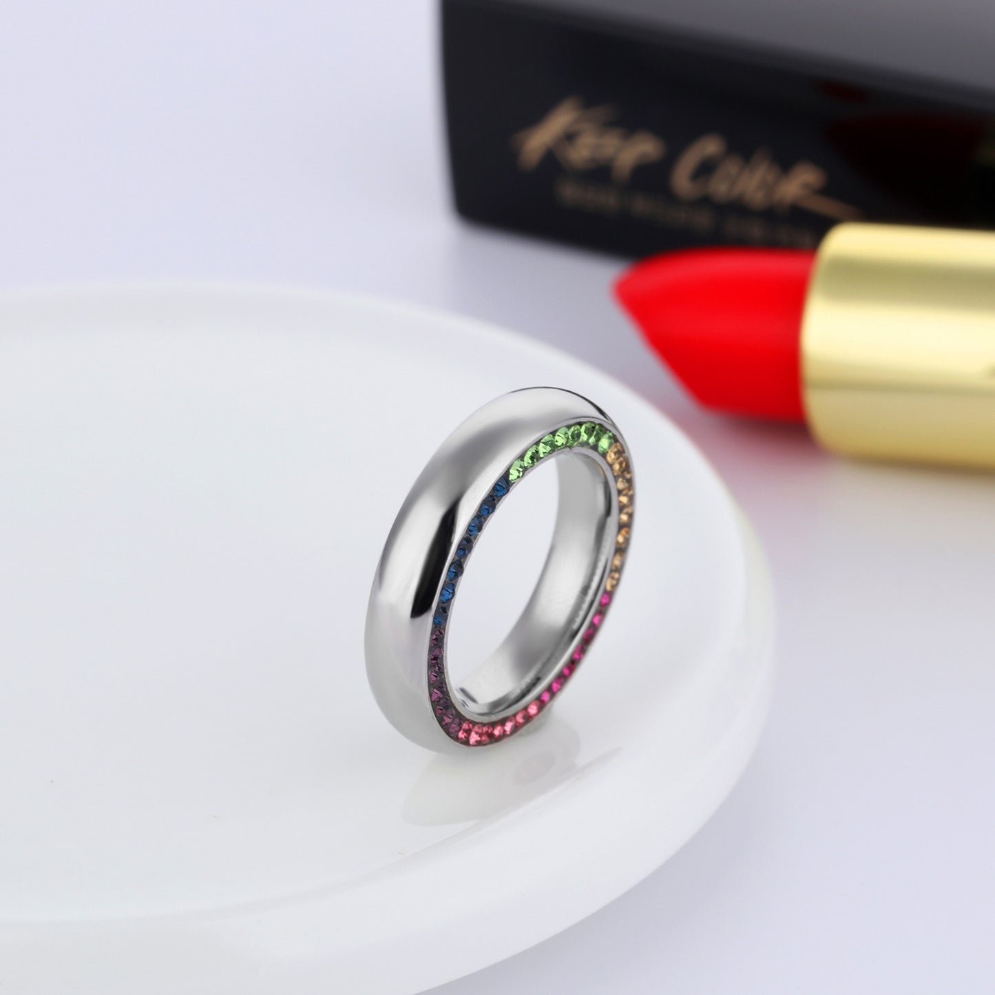 Titanium Steel Ring With Color Diamond Inlay Zircon Accent No 10 Fashion Jewelry Elegant European Style For Daily Wear