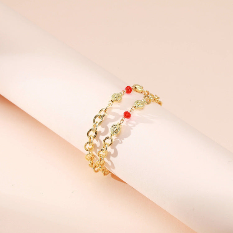 Womens Crystal Bead Bracelet Adjustable Polished Metal Jewelry With Lobster Clasp Geometric National Ethnic Design