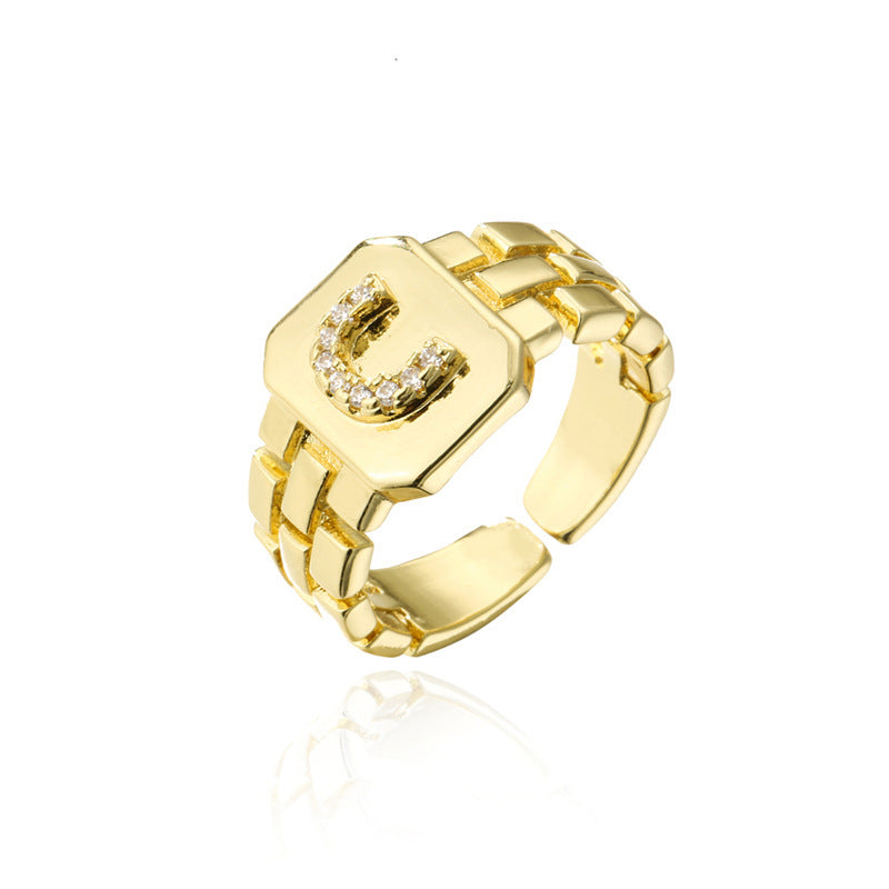 Womens Adjustable Letter Ring 18K Gold Plated Zircon Initial Alphabet Ring Jewelry For Her Elegant Everyday Accessory