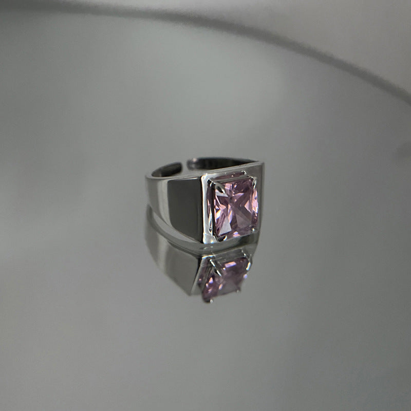 Adjustable Copper Ring Pink Zircon Geometric 10mm Wide