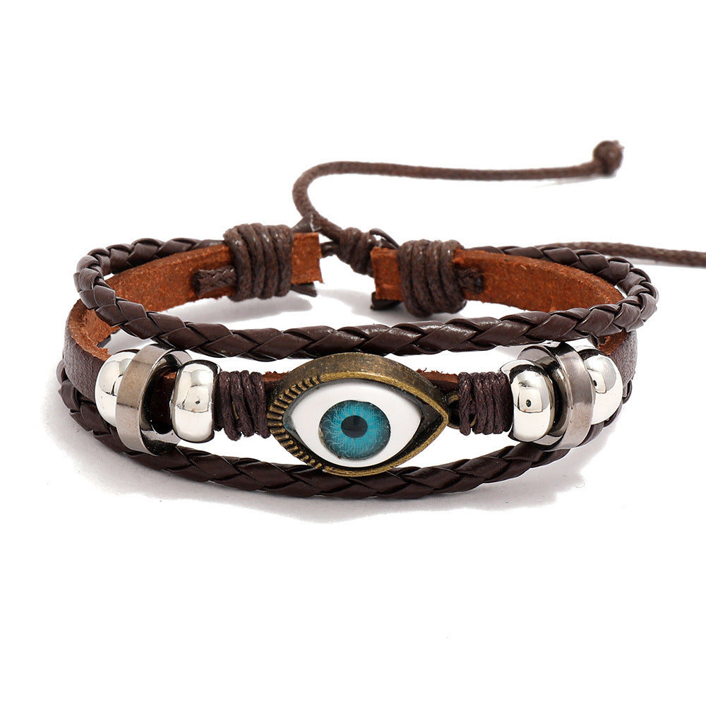 Unisex Vintage Leather Bracelet With Alloy Eyes PU Braided Beads Cowhide Wristband Braided Wrist Jewelry For Men