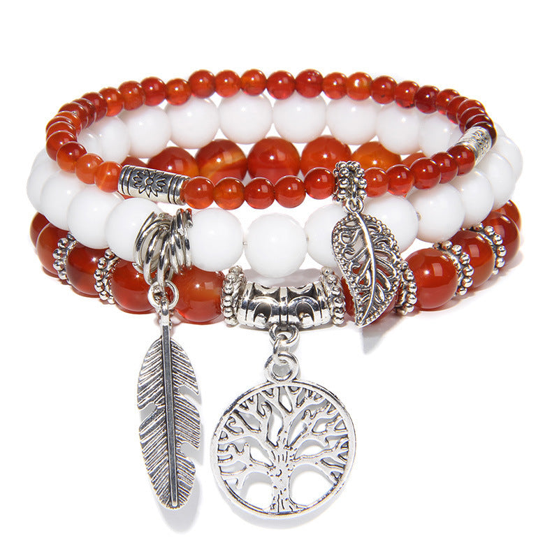 Unisex Agate Beads Bracelet Set With Tree Of Life Pendant