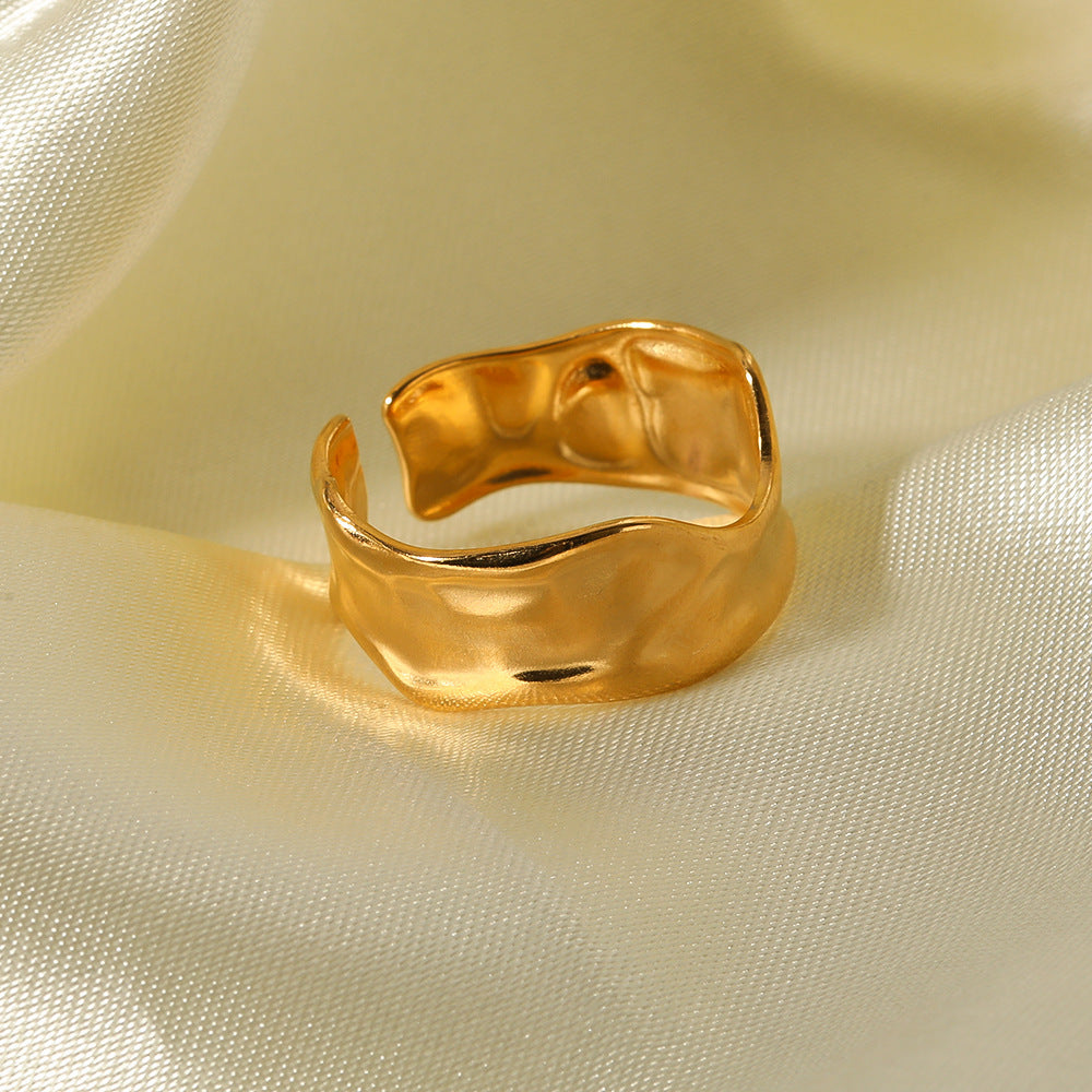 Unisex Stainless Steel Ring Irregular Tin Foil Textured Adjustable Index Finger Gold Tone Electroplated Jewelry