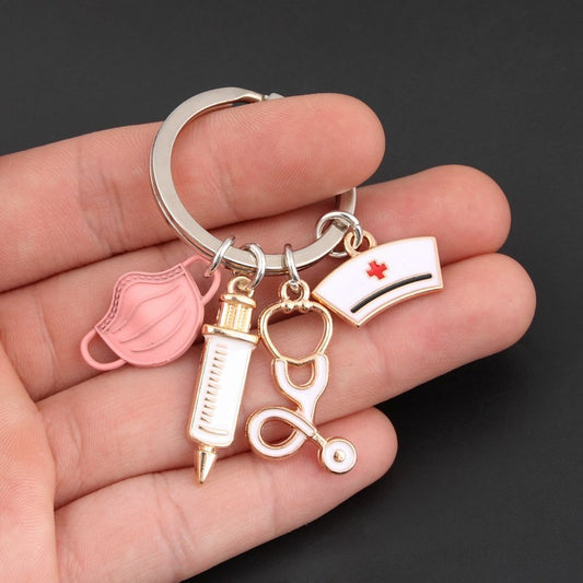 Women Fashion Nurse Cap Charm Keychain Alloy Key Ring With Mask Syringe Stethoscope Pendant Fashion Accessory For Her