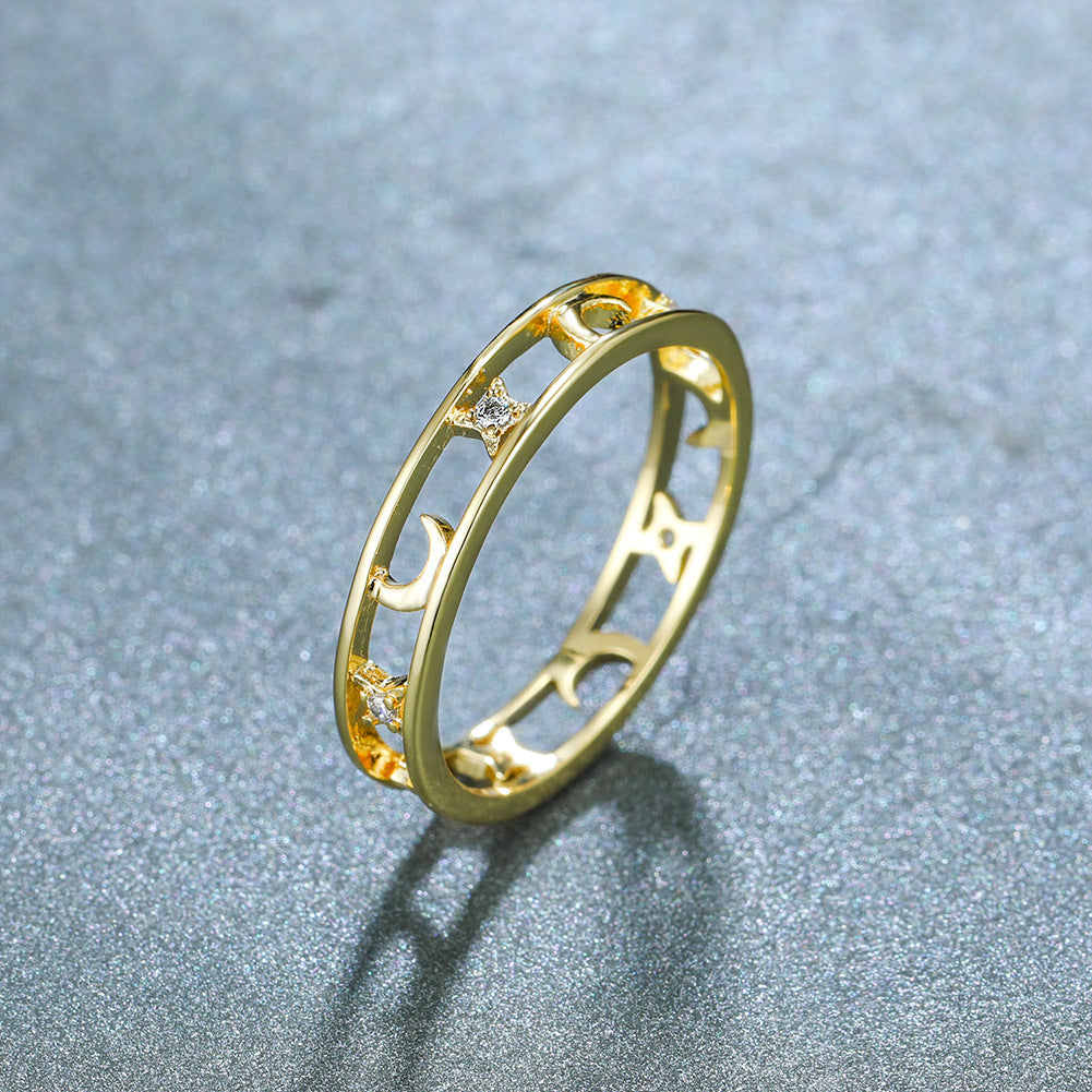 Gold Zircon Ring With Circle Star And Moon Design For Women Copper Base Jewelry Sizes 6 7 8 9 10 Gifts For Her