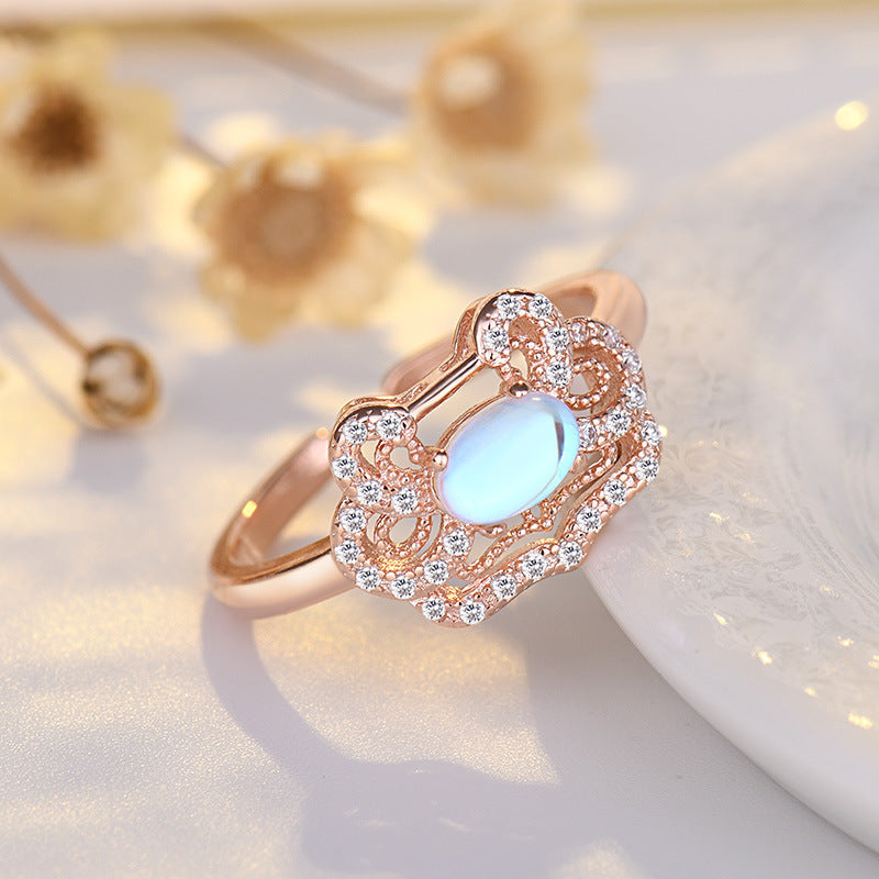 Womens Korean U Shape Ring Moonstone 10x14mm Face Adjustable Opening Copper Electroplated Fashion Jewelry Gem