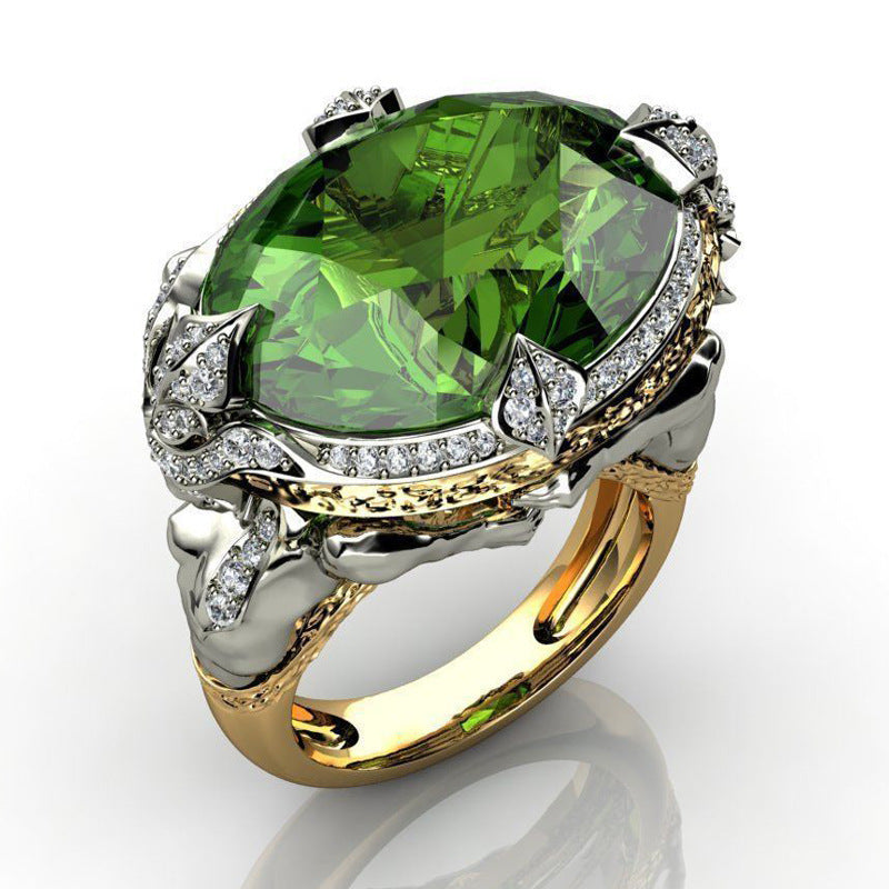 Dual Tone Emerald Zircon Rings For Ladies Ovalish Inlay Alloy Jewelry Gift For Her Elegant Fashion Accessories