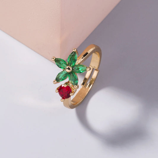 Women Gold Flower Ring Copper Geometric Ring With Zircon Five Petals Elegant Fashion Jewelry Modern Chic Style