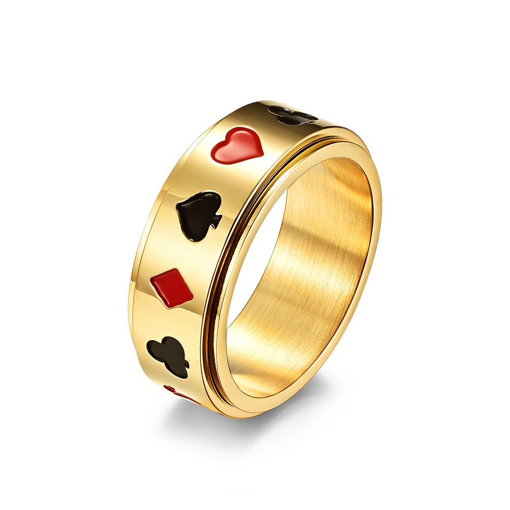Unisex Titanium Steel Ring Featuring Spades Hearts Peach Clubs Diamond Playing Card Pattern 8mm Wide Band Gold